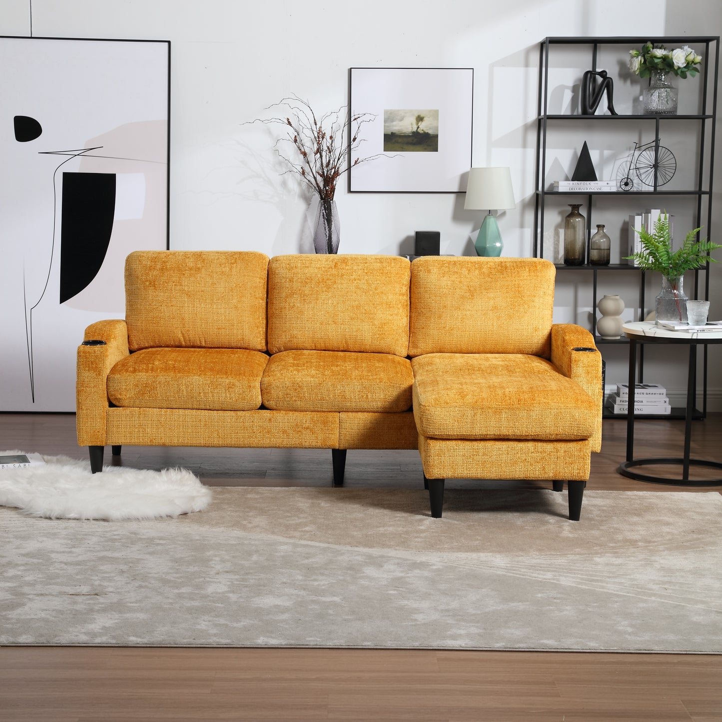 Sofa for three, solid wood frame, Chenille fabric, side pocket, with two cup holders, footstool with storagestorage sofa /Living room sofa cozy sectional sofa