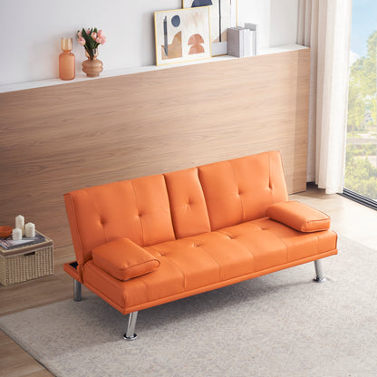 67" Orange Leather Multifunctional Double Folding Sofa Bed for Office with Coffee Table