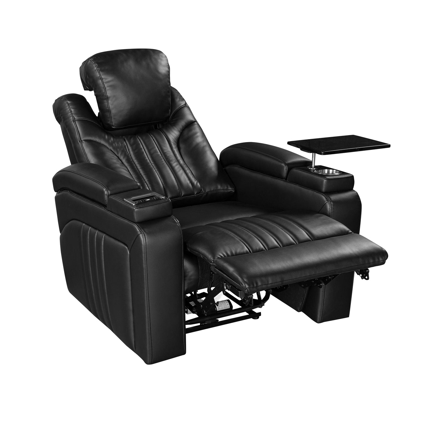 PU Leather Power Recliner Home Theater Recliner with Power Adjustable Headrest, Wireless Charging Device, USB Port, Storage Arms, Cup Holder and Swivel Tray Table for Living Room, Black