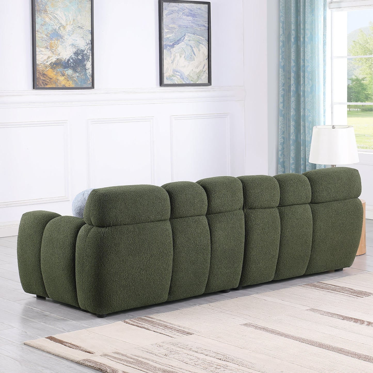 87.4 length,35.83" deepth,human body structure for USA people, marshmallow sofa,boucle sofa,3 seater, OLIVE GREEN BOUCLE