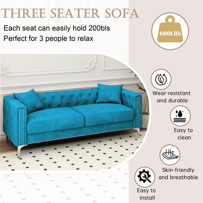 Sofa includes 2 pillows, 83 "blue velvet triple sofa, suitable for large and small Spaces