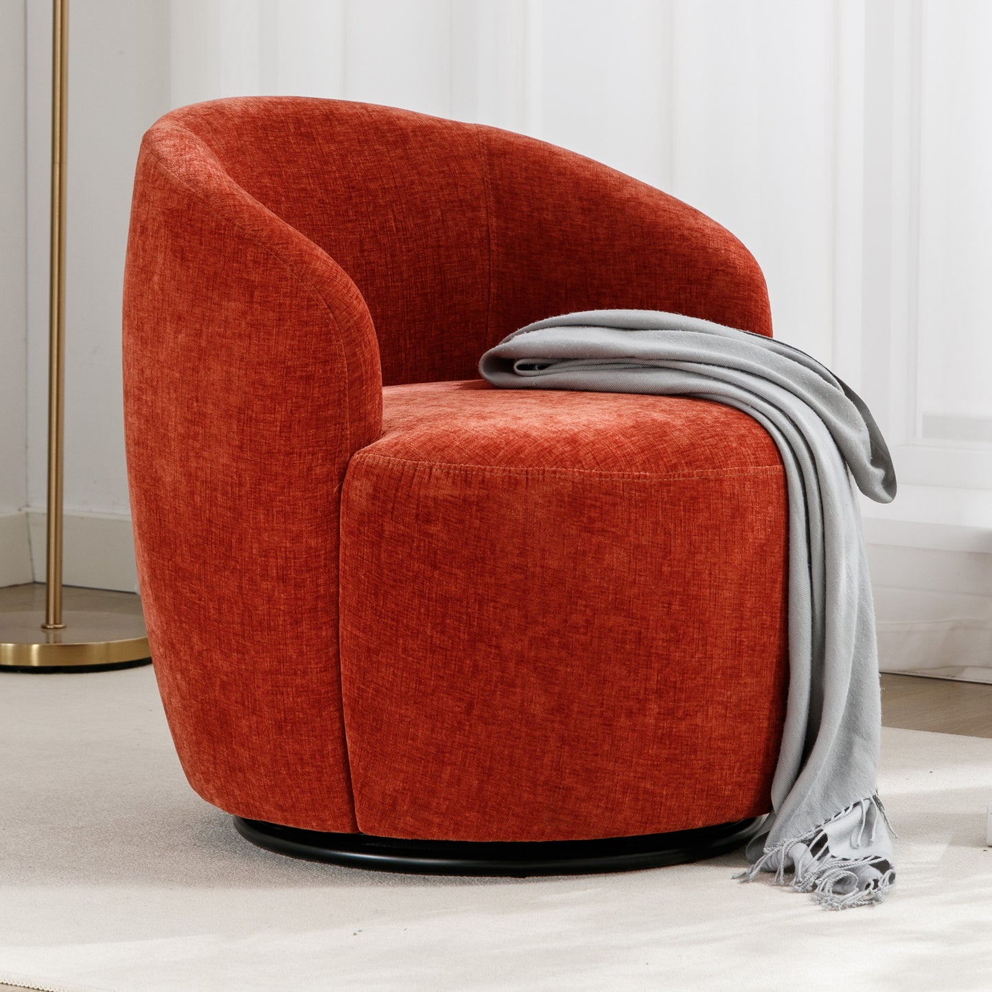 Fabric Swivel Accent Armchair Barrel Chair With Black Powder Coating Metal Ring,Orange