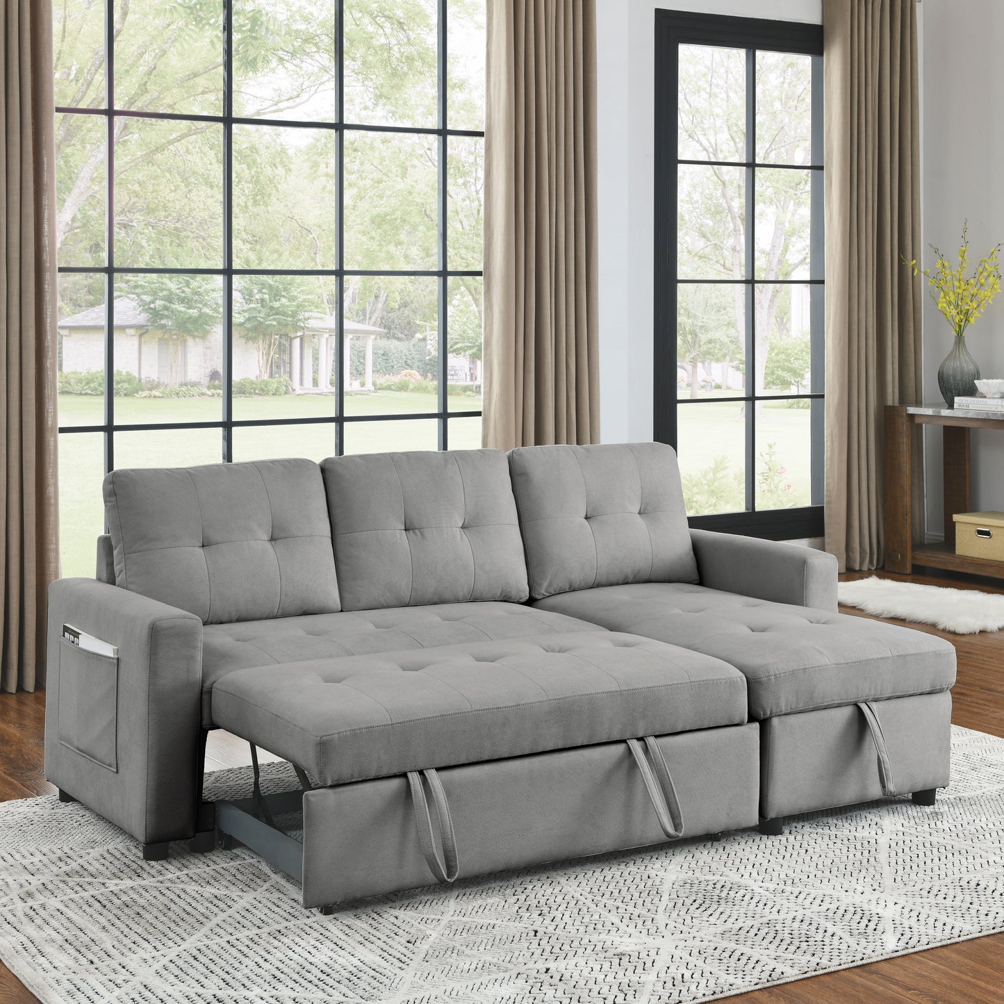 78.5" Sleeper Sofa Bed Reversible Sectional Couch with Storage Chaise and Side storage bag for Small Space Living Room Furniture Set