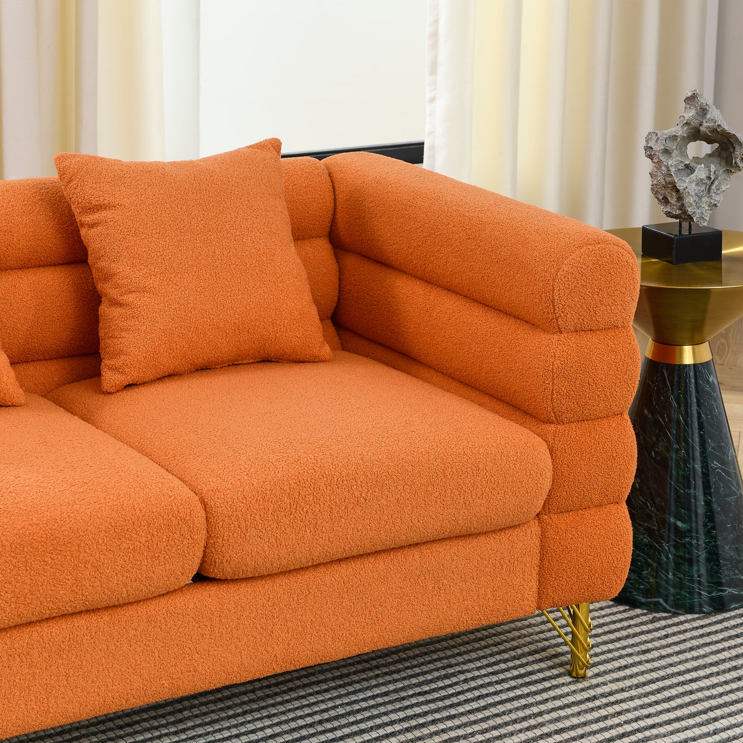 60Inch Oversized 2 Seater Sectional Sofa, Living Room Comfort Fabric Sectional Sofa-Deep Seating Sectional Sofa, Soft Sitting with 2 Pillows for Living Room,Bedroom,Office,Orange teddy