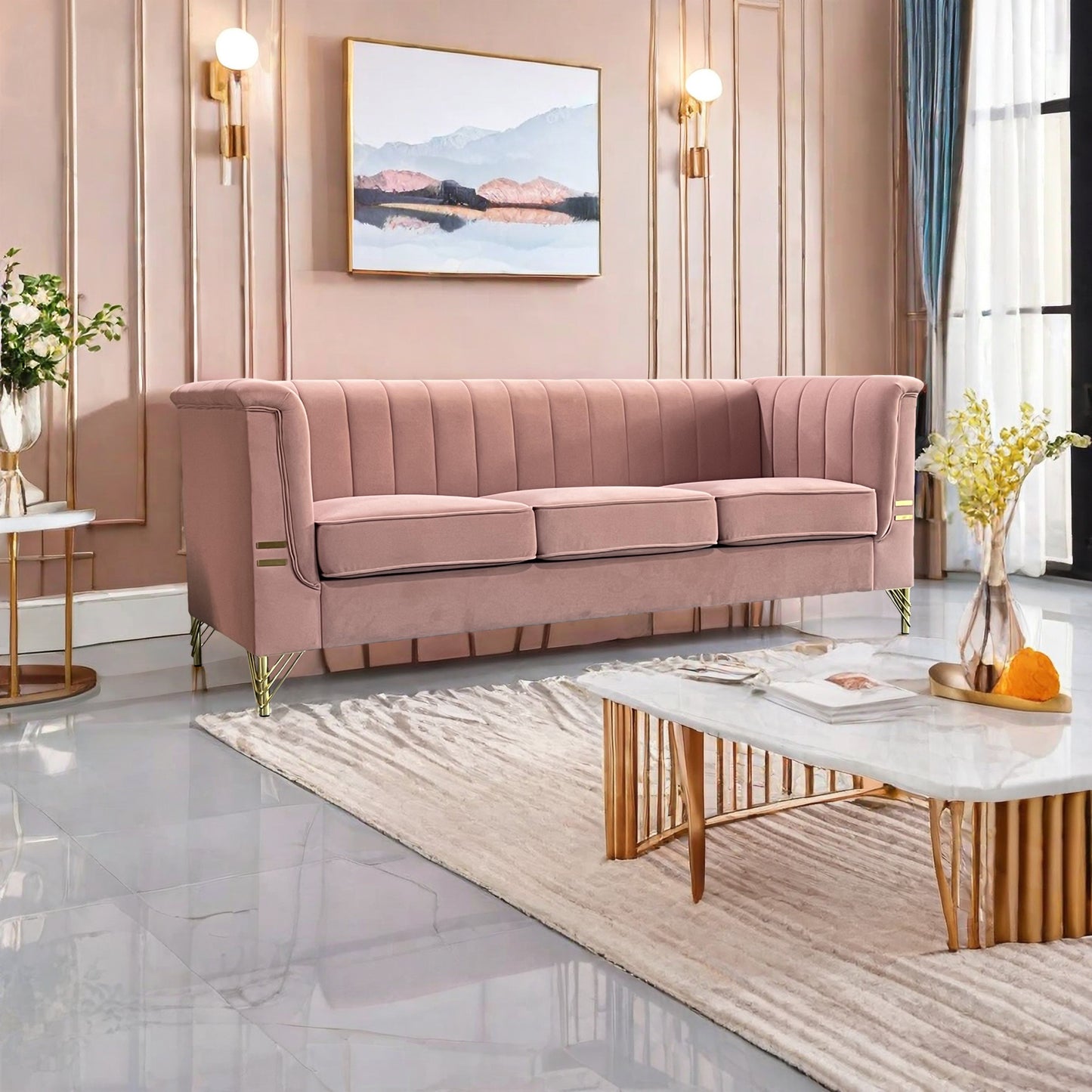 Modern Designs Velvet Upholstered Living Room Sofa, 3 Seat Sofa Couch with Golden Metal Legs for Home, Apartment or Office Pink SOFA