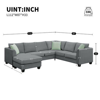 112*87" Sectional Sofa Couches Living Room Sets, 7 Seats Modular Sectional Sofa with Ottoman, L Shape Fabric Sofa Corner Couch Set with 3 Pillows, Grey