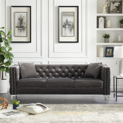 82.3" Width Modern Velvet Sofa Jeweled Buttons Tufted Square Arm Couch Grey,2 Pillows Included