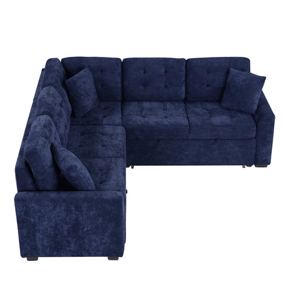 82.6" L-shape Sofa Bed Pull-out Sleeper Sofa with Wheels, USB Ports, Power Sockets for Living Room, Navy Blue