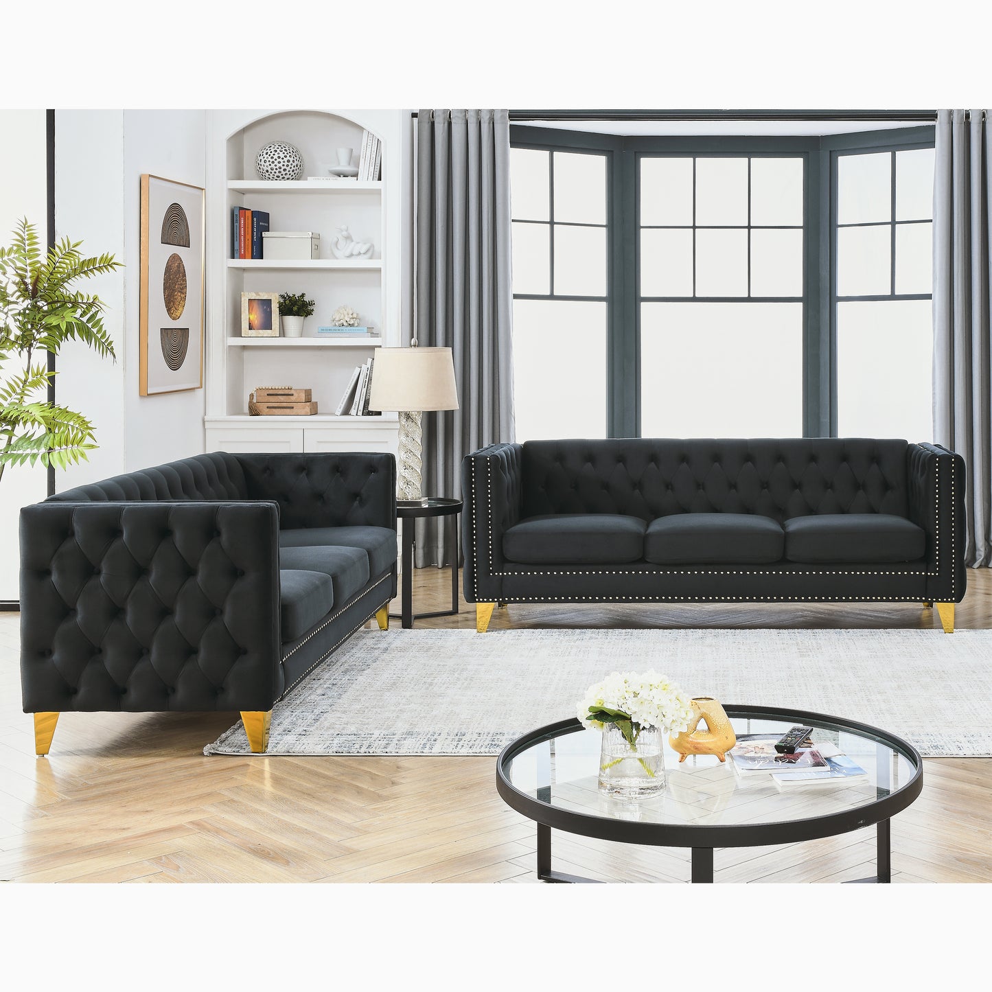 Velvet Sofa for Living Room,Buttons Tufted Square Arm Couch, Modern Couch Upholstered Button and Metal Legs, Sofa Couch for Bedroom, Black Velvet,2PCS