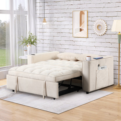 58" 4-1 Multi-functional Sofa Bed with Cup Holder and USB Port for Living Room or Apartments Milky White