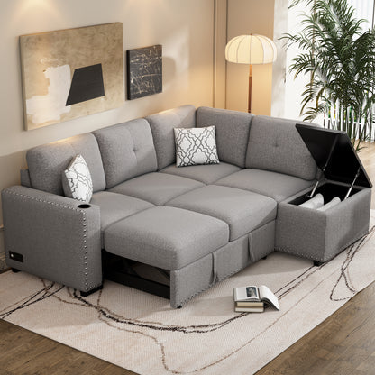 83.8" Sectional Pull-Out Sofa Bed L-Shaped Corner Sofa Couch with Storage Chaise, USB Ports, Power Sockets, Cup Holder for Living Room, Bedroom, Study, Light Gray