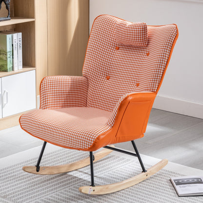 35.5 inch Rocking Chair, Soft Houndstooth Fabric Leather Fabric Rocking Chair for Nursery, Comfy Wingback Glider Rocker with Safe Solid Wood Base for Living Room Bedroom Balcony (orange)