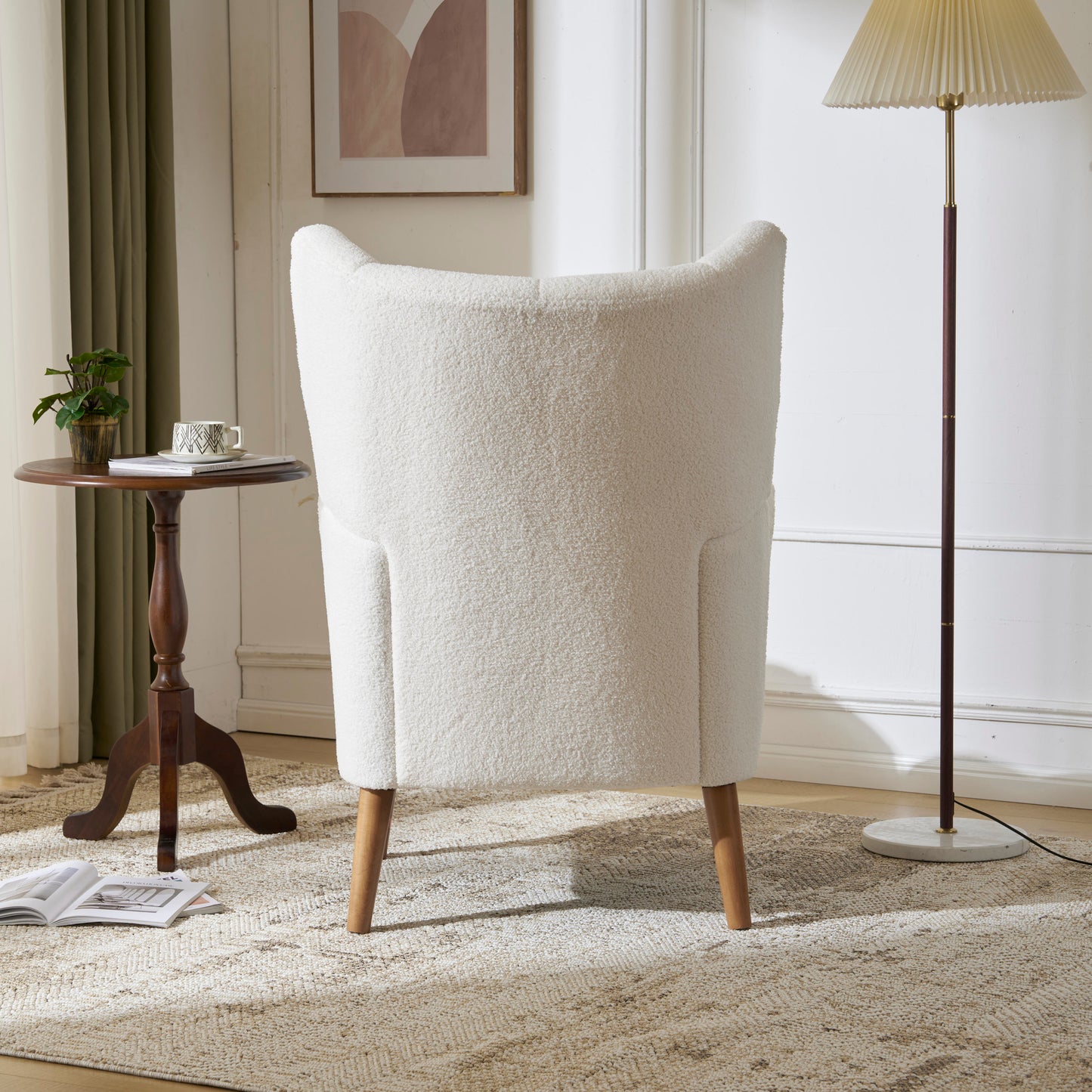 Mid-Century Accent Chair, Ivory White, Modern Retro Club Chair, Birch Frame, Upholstered Teddy Wool Fabric, Single Sofa Armchair for Small Spaces, Living Room, Bedroom, Reading Corner, Balcony,Office