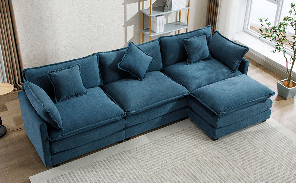 112.2" L-Shape Chenille Upholstered Sofa for Living Room Modern Luxury Sofa Couch with Ottoman, 5 Pillows, Blue