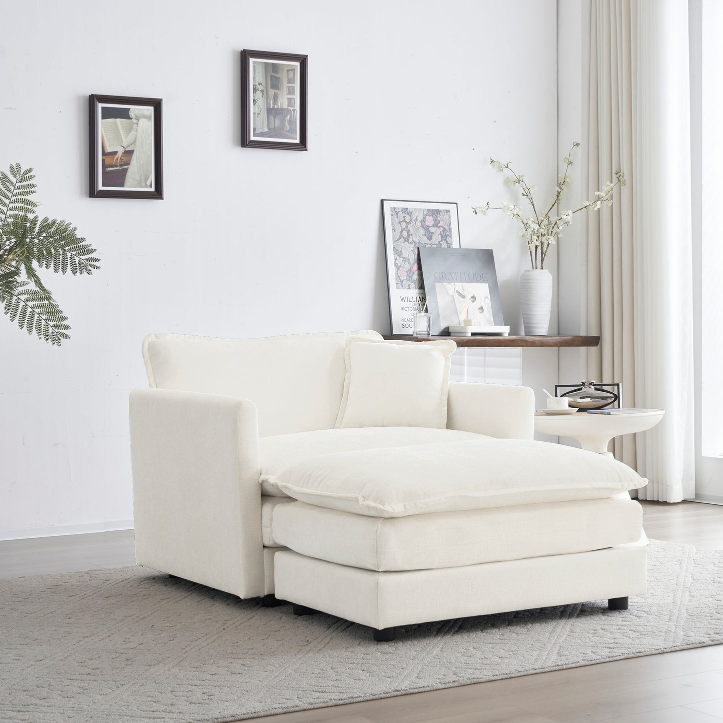 Modern Accent Chair with Ottoman, Living Room Club Chair Chenille Upholstered Armchair, Reading Chair for Bedroom, White