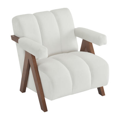 Mid Century Modern Accent Chair with Solid Wood Frame, Upholstered Living Room Chairs with Thick Cushion, Comfy Tufted Arm Chair for Bedroom, Living Room, Velvet, Ivory