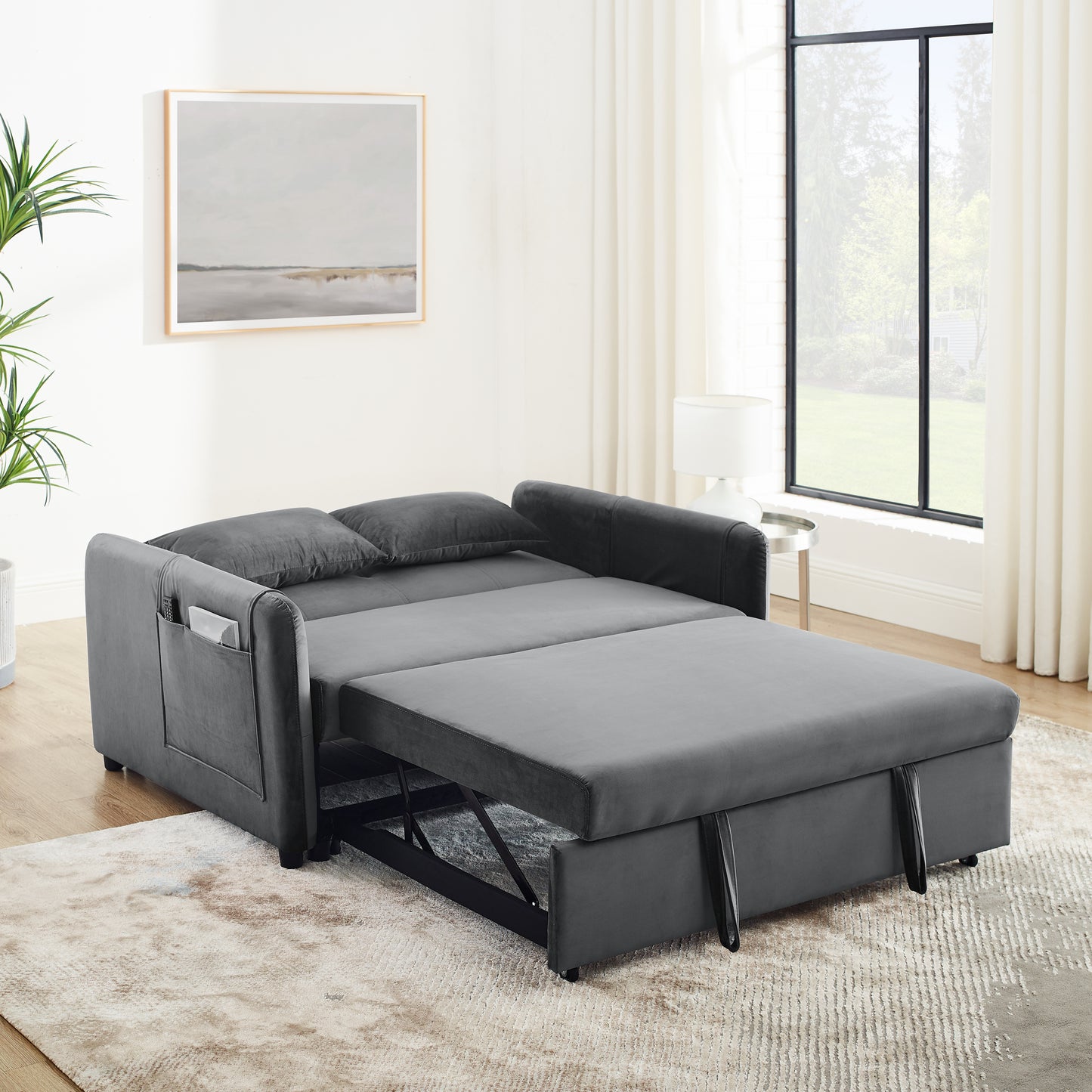 Convertible Sofa Bed, 3-in-1 Versatile Velvet Double Sofa with Pullout Bed, Seat with Adjustable Backrest, Lumbar Pillows, and Living Room Side Pockets, 54 Inch, Grey