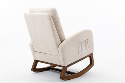 Rocking Chair, Modern Glider Chair, Recliner Armchair with Wood Legs and Side Pocket, Nursery Rocking Accent Chair with High Back for Living Room Bedroom (Beige linen)