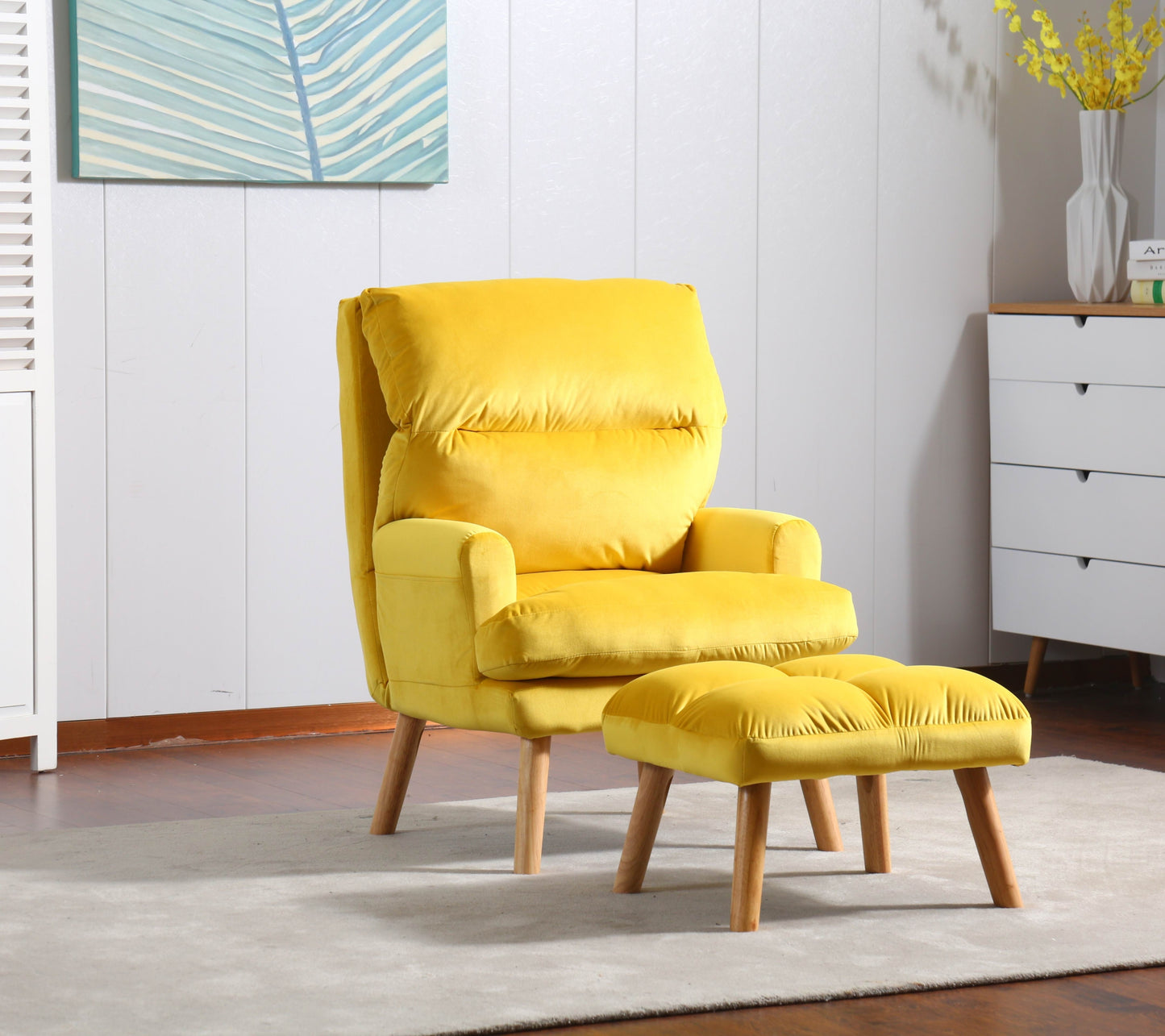 Soft Comfortable 1pc Accent Click Clack Chair with Ottoman Yellow Fabric Upholstered Oak Finish Legs Living Room Furniture