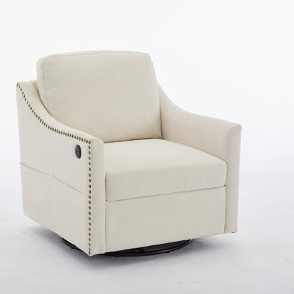 Cream white fabric swivel rotating accent chair with USB and magazine book for living room and hotel bed room