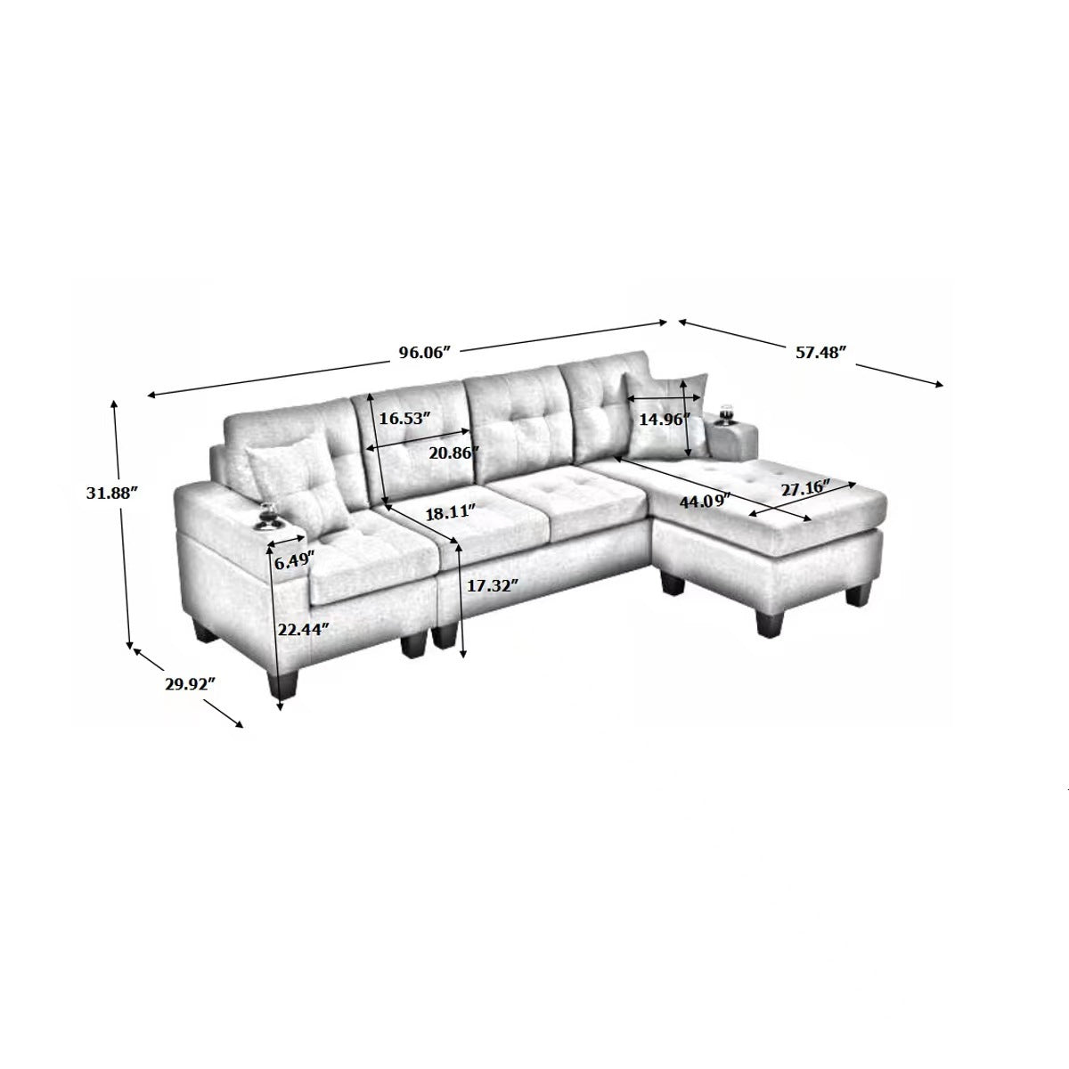 Right sectional sofa with footrest, convertible corner sofa with armrest storage, living room and apartment sectional sofa, right chaise longue and grey