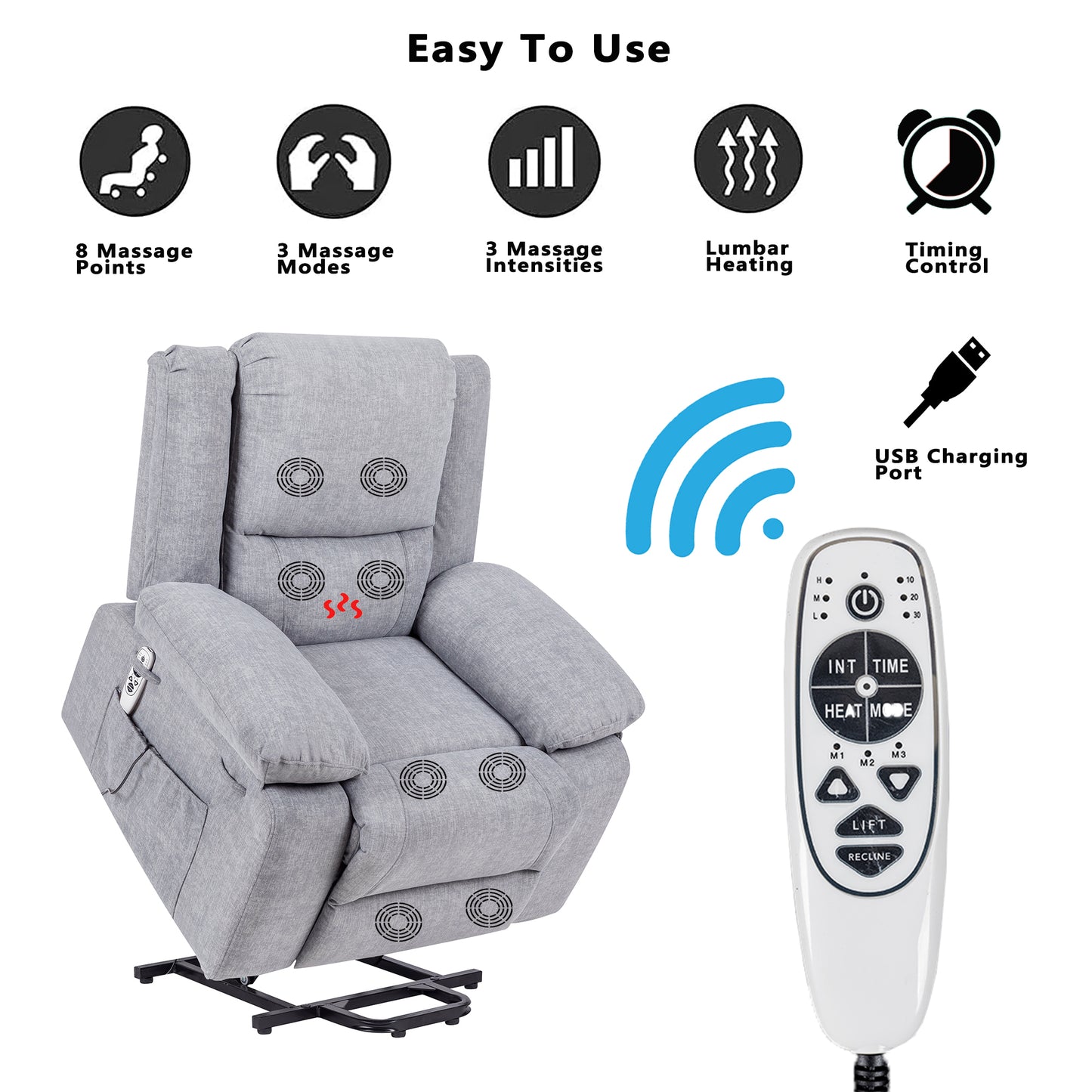 Electric Power Recliner Chair With Massage For Elderly,Remote Control Multi-function Lifting, Timing, Cushion Heating Chair With Side Pocket Light Grey