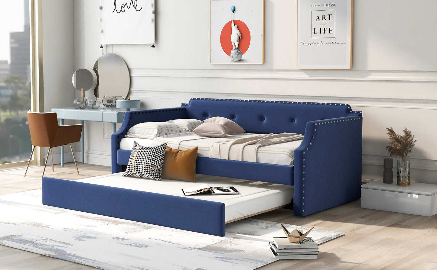 Upholstered Daybed with Trundle, Wood Slat Support,Upholstered Frame Sofa Bed, Twin,Blue