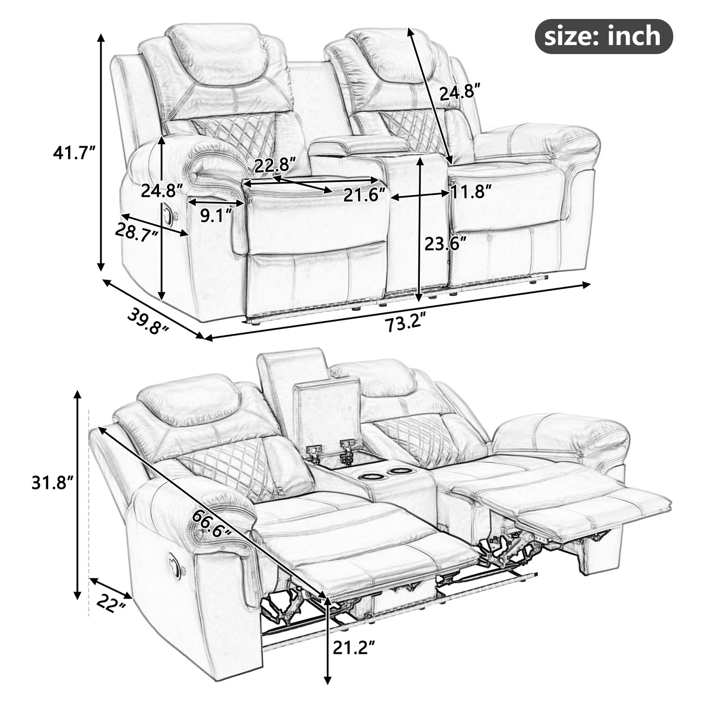 Home Theater Seating Manual Recliner Loveseat with Hide-Away Storage, Cup Holders and LED Light Strip for Living Room, Black