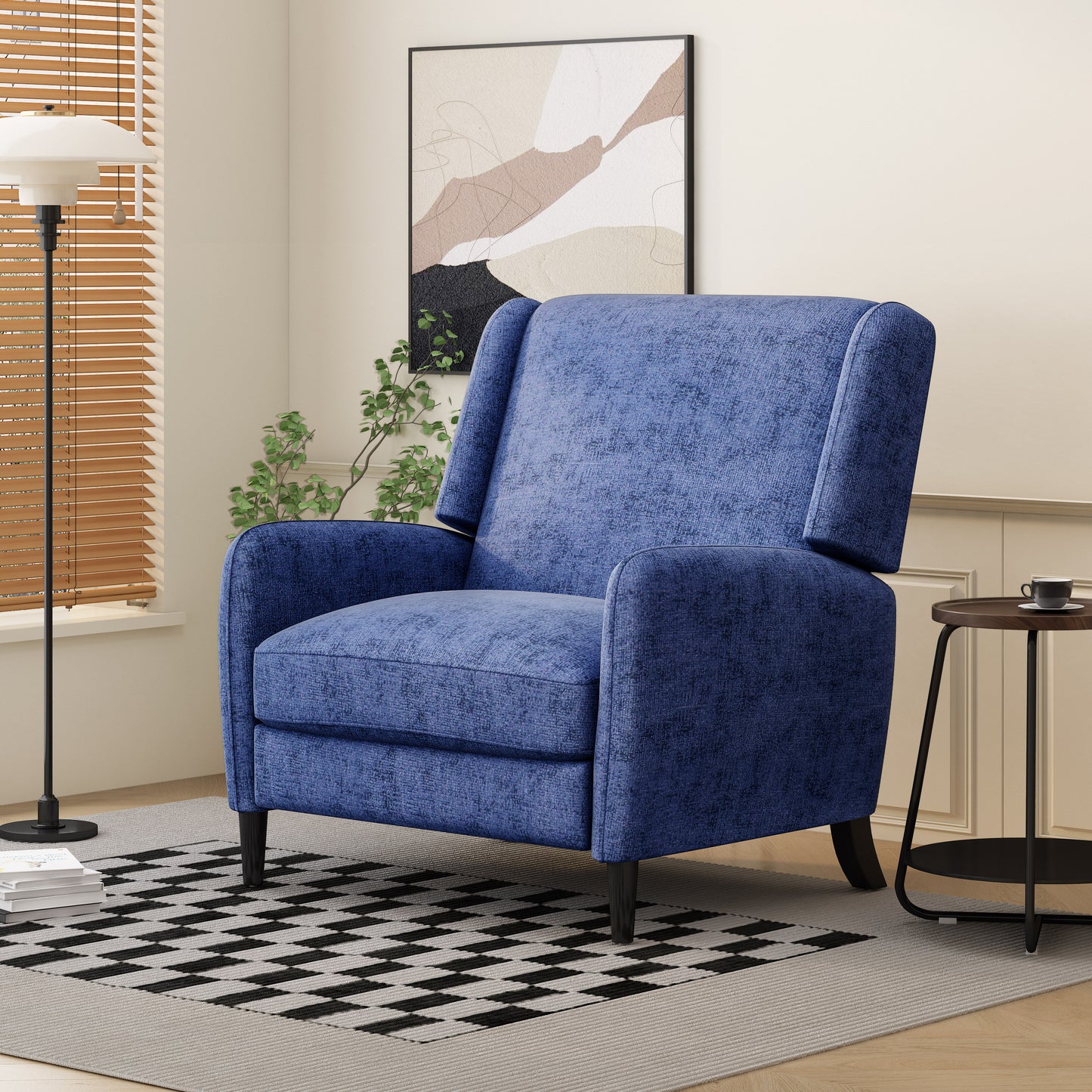 Oversized Textured Fabric Pushback Recliner, Navy Blue and Dark Brown