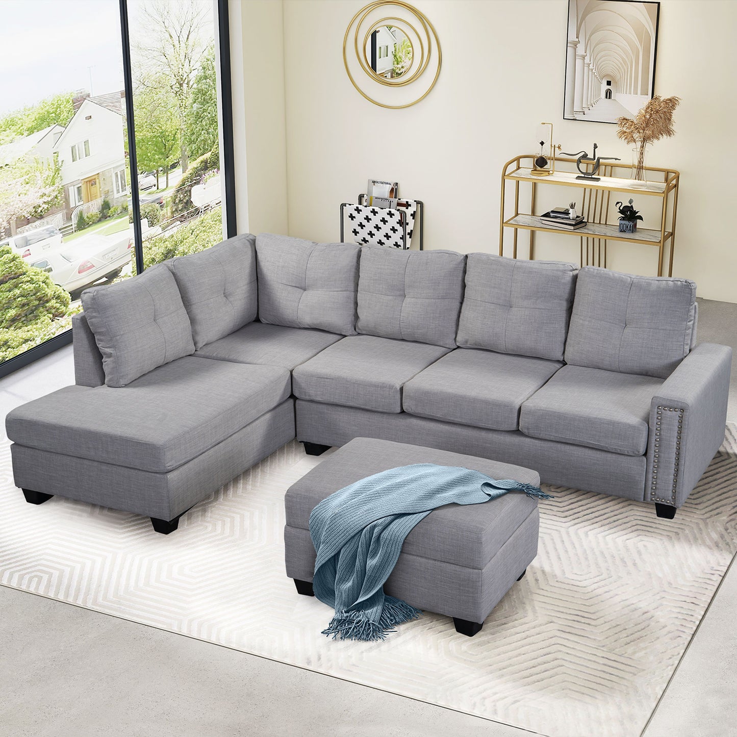 Reversible Sectional Sofa Space Saving with Storage Ottoman Rivet Ornament L-shape Couch for Large Space Dorm Apartment