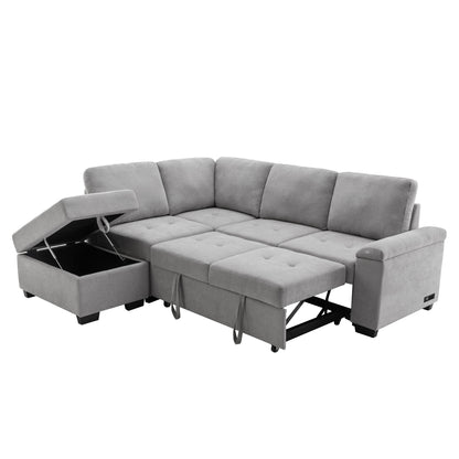 Sleeper Sectional Sofa, L-Shape Corner Couch Sofa-Bed with Storage Ottoman & Hidden Arm Storage & USB Charge for Living Room Apartment, Gray