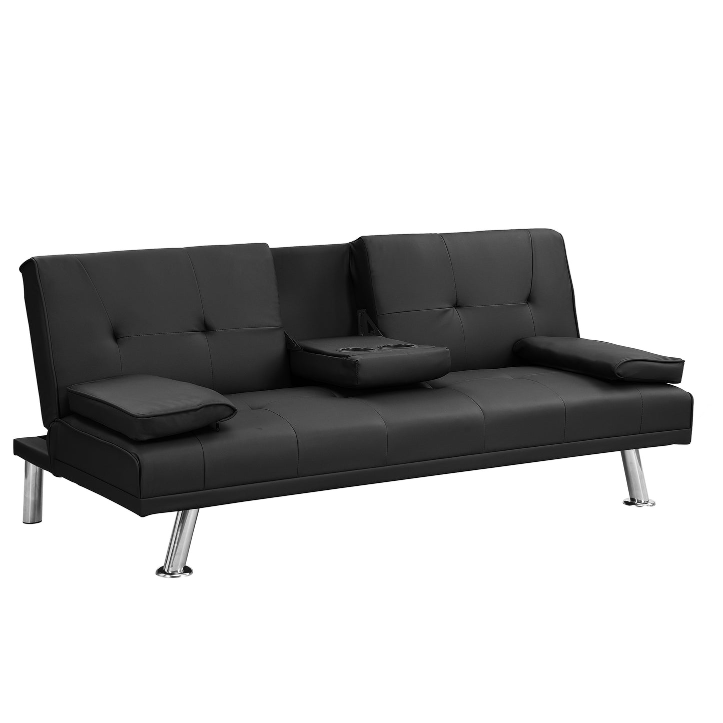 Sofa bed with Armrest two holders WOOD FRAME, STAINLESS LEG, FUTON BLACK PVC