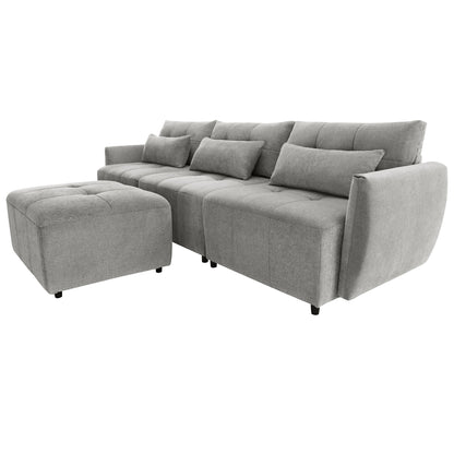 113.3" Convertible Sectional Sofa Couch 3-Seat L-Shaped Sofa with Movable Ottoman and USB for Apartment, Living Room, Bedroom, Grey