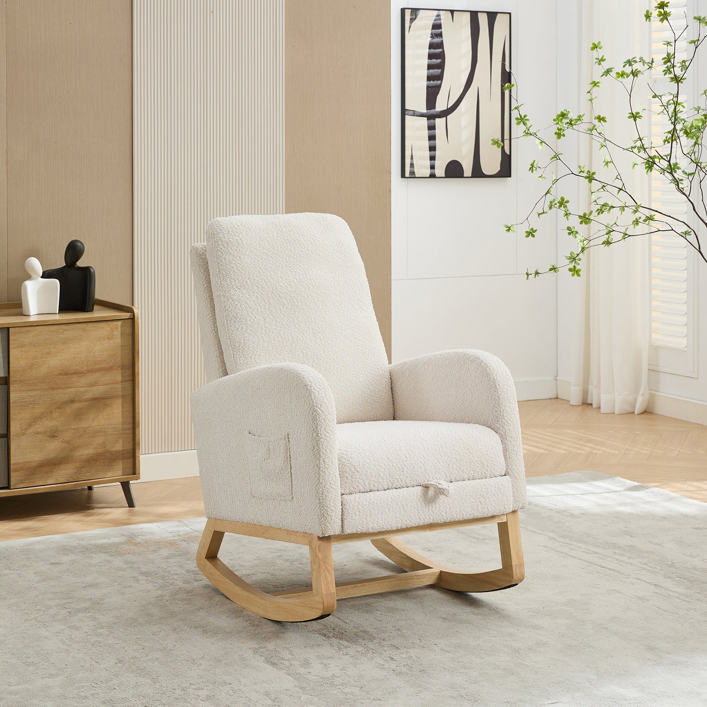 25.4"W Rocking Chair for Nursery, High Back Glider Chair with Retractable Footrest, Side Pocket, Rocking Accent Armchair with Rubber Wood Legs for Living Room/Bedroom.Ivory