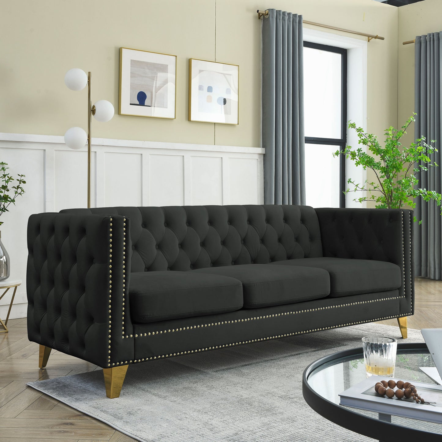 Velvet Sofa for Living Room,Buttons Tufted Square Arm Couch, Modern Couch Upholstered Button and Metal Legs, Sofa Couch for Bedroom, Black Velvet(W834S00022)