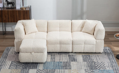 87.7" Sectional Sofa Cozy Teddy Fleece Fabric Sectional Sofa Couch with Two USB Ports a Movable Storage Ottoman and Two Lumbar Pillows for Living Room, Creamy White