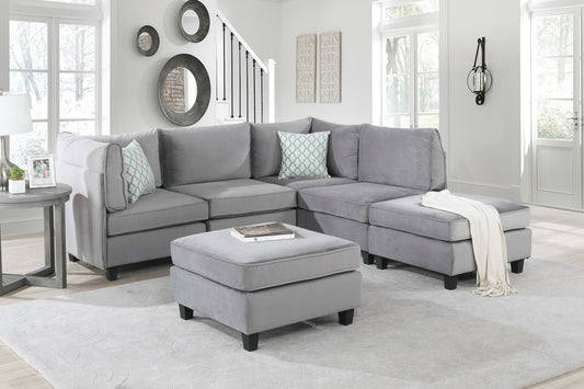 90" Gray Velvet 6Pc Modular Sectional Sofa