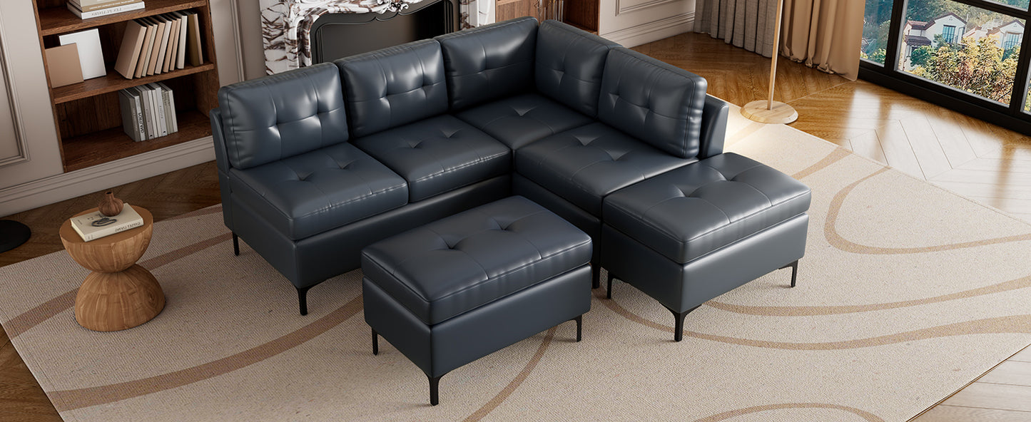 94.88" L-Shaped Corner Sofa Pu Leather Sectional Sofa Couch with Movable Storage Ottomans for Living Room, Blue