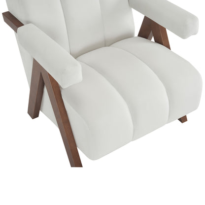 Mid Century Modern Accent Chair with Solid Wood Frame, Upholstered Living Room Chairs with Thick Cushion, Comfy Tufted Arm Chair for Bedroom, Living Room, Velvet, Ivory