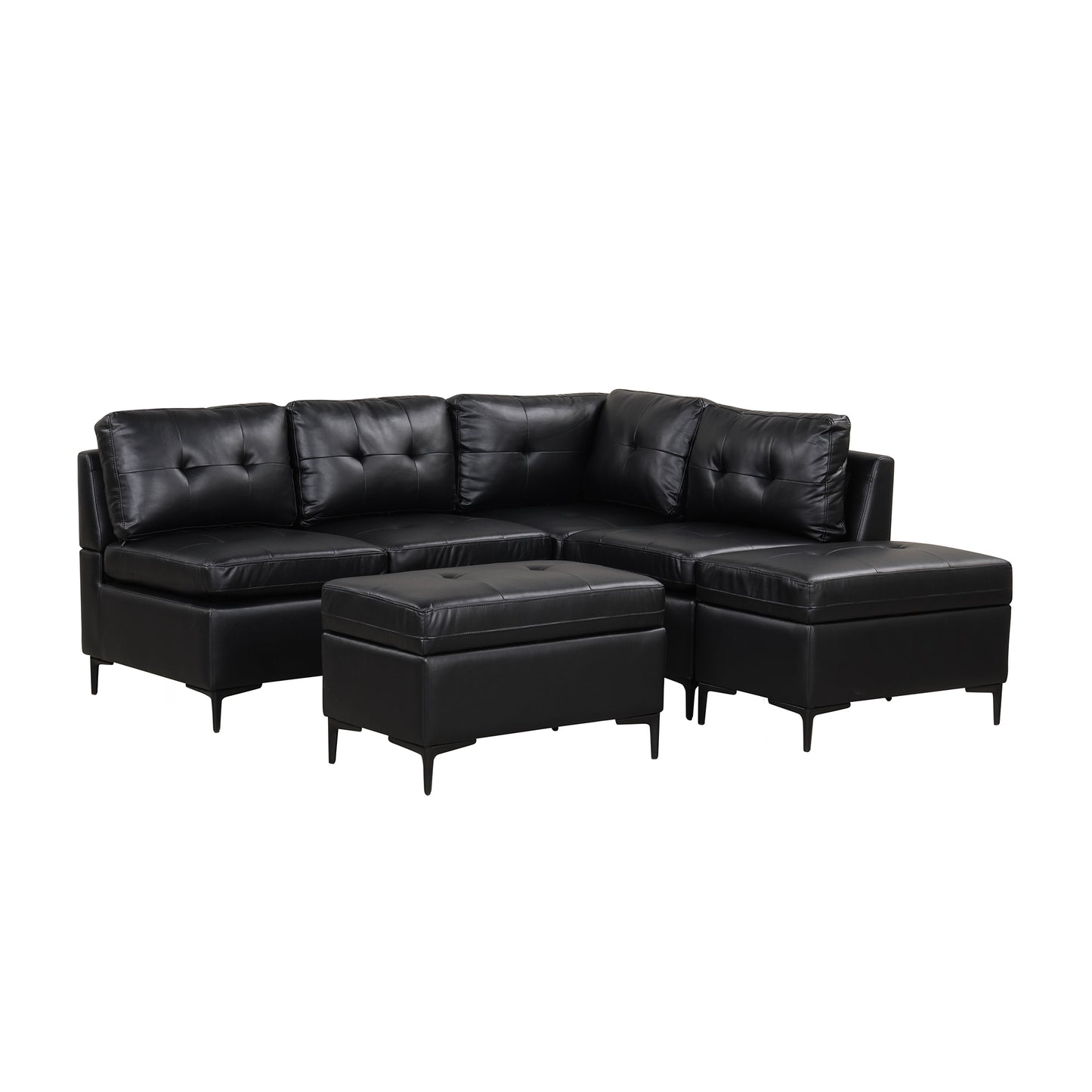 94.88" L-Shaped Corner Sofa Pu Leather Sectional Sofa Couch with Movable Storage Ottomans for Living Room, Black