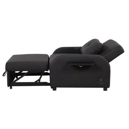 Pull out sofa sleeper 3 in 1 with 2 wing table and usb charge for nap line fabric for living room recreation room Black