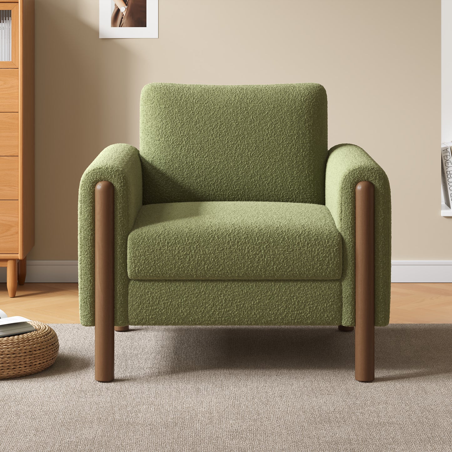 Oversized Accent Chair, Upholstered Living Room Chairs Single Sofa Chair with Walnut Legs, Curved handrail, Green