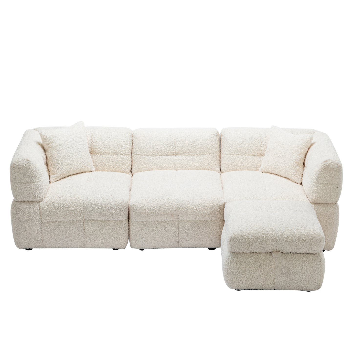 87.7" Sectional Sofa Cozy Teddy Fleece Fabric Sectional Sofa Couch with Two USB Ports a Movable Storage Ottoman and Two Lumbar Pillows for Living Room, Creamy White