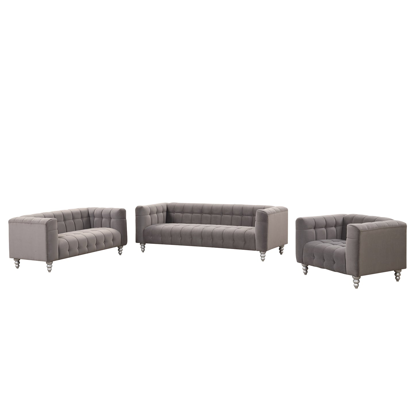 Modern 3-piece sofa set with solid wood legs, buttoned tufted backrest, Dutch fleece upholstered sofa set including three-seater sofa, double seat and living room furniture set single chair, gray