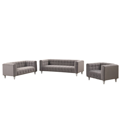 Modern 3-piece sofa set with solid wood legs, buttoned tufted backrest, Dutch fleece upholstered sofa set including three-seater sofa, double seat and living room furniture set single chair, gray