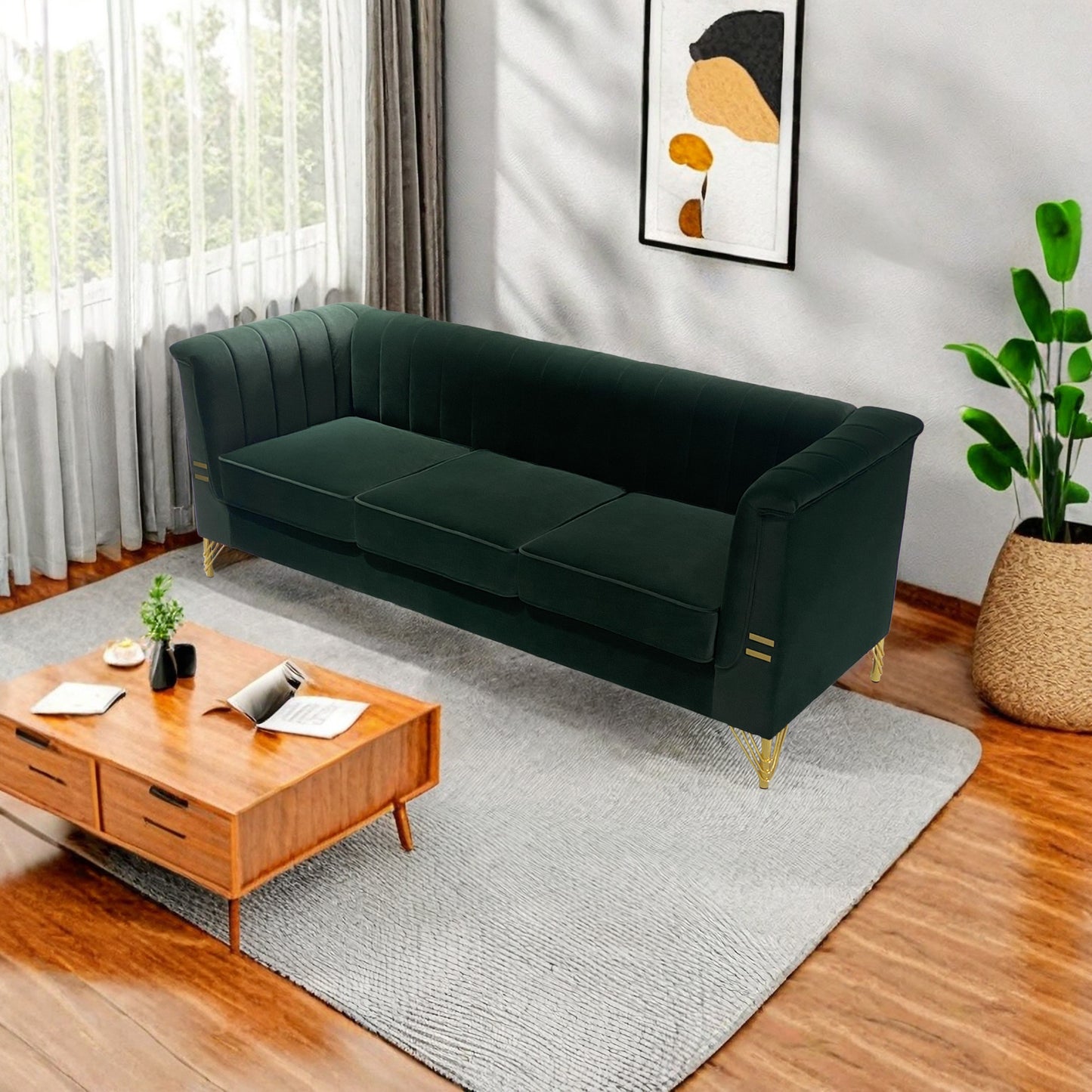 82.67'' W Velvet Sofa, Mid-Century Sofa Furniture Chesterfield Couch for Living Room (Sofa, Green)