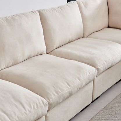 Modular Sofa with Ottoman,Filled with Down,Soft Linen Fabric,Beige