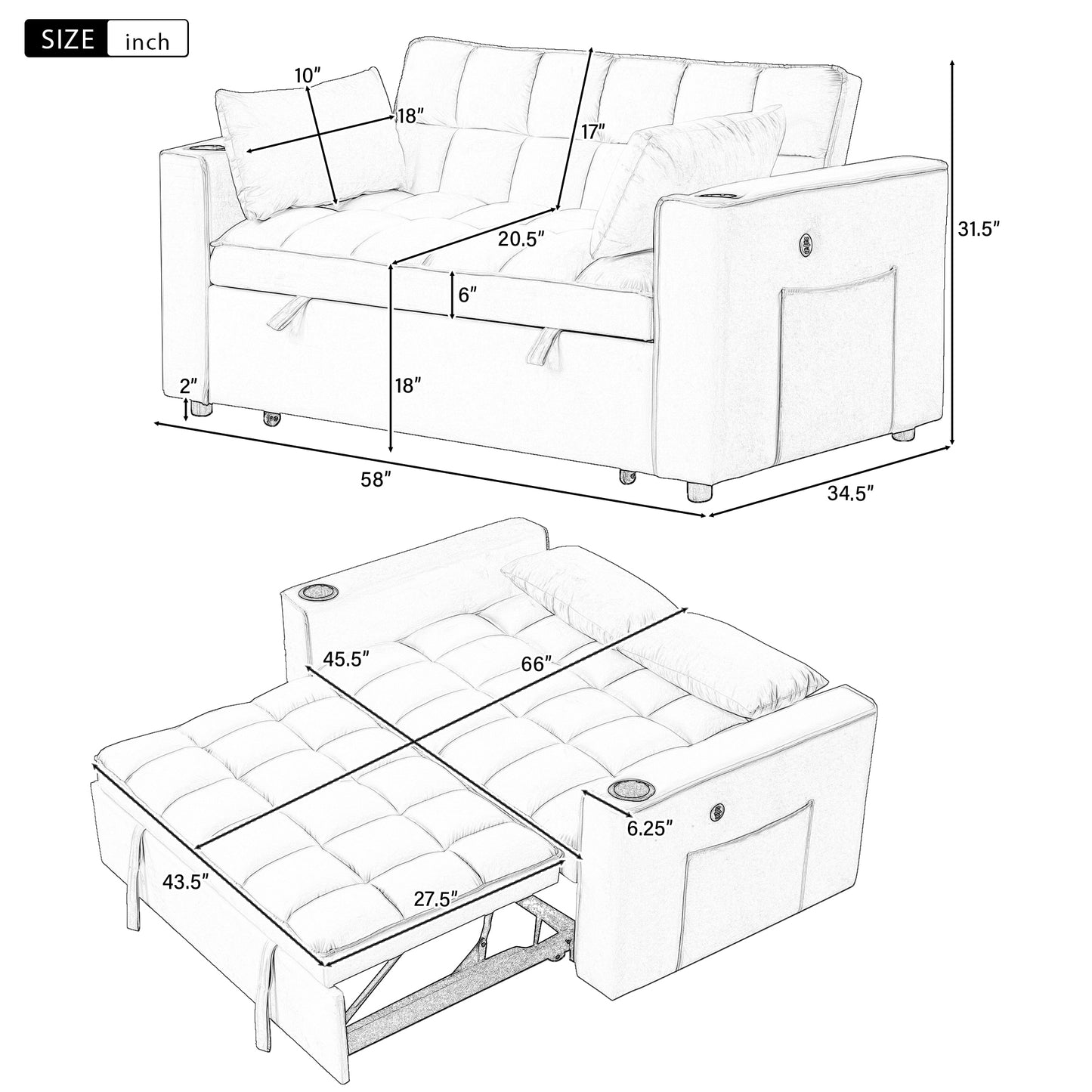 58" 4-1 Multi-functional Sofa Bed with Cup Holder and USB Port for Living Room or Apartments Milky White