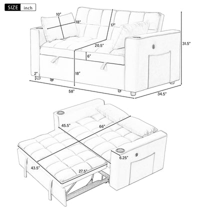 58" 4-1 Multi-functional Sofa Bed with Cup Holder and USB Port for Living Room or Apartments Milky White