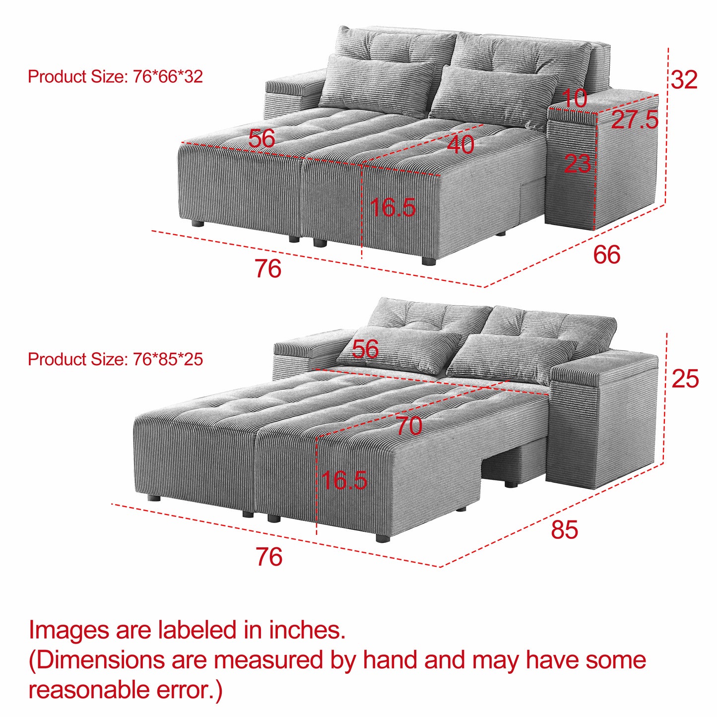 Convertible 3 in 1 Sleeper Sofa and Sectional Sofa with 4 Storage Space for Living Room,Corduroy Couch With 4 pillows,Corduroy